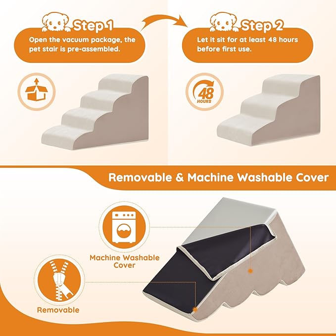 Dogs Steps for Bed, Dog Stairs for Small Dogs, 4-Step Dog Ramp for Bed, Couch, Sofa, and Chairs, Non-Slip Bottom Design, Cat Scratching, High Density Foam Portable Pet Step, Indoor, Beige-PawvioPets