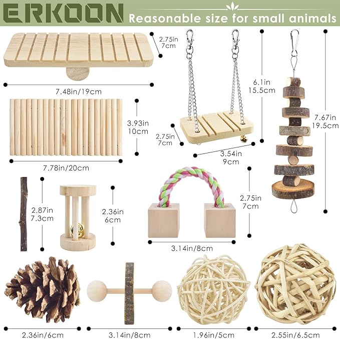 ERKOON New 12 Pack Hamster Chew Toys Gerbil Rat Guinea Pig Chinchilla Chew Toys Accessories, Natural Wooden Dumbbells Exercise Bell Roller Teeth Care Molar Toy for Rabbits Bird Rabbits Hamster Gerbil-PawvioPets