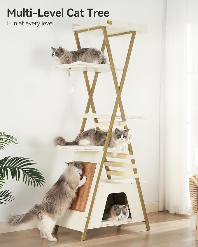 FourFurPets 72.4" Cat Tree, Modern Cat Tower for Indoor Cats, Multi-Level Cat Condo with Caves, Tall Cat Tree with Cat Scratching Board, Wooden Cat Tower with Large Perch, Removable Pads, White-PawvioPets