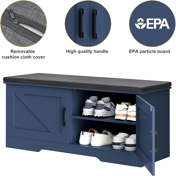 2-Tier Storage Bench, Shoe Bench with Padded Seat Cushion, Entryway Bench with 2 Barn Doors, Adjustable Shelf, 13.8" D x 39.4" W x 17.7" H, for Entryway, Living Room, Bedroom, Blue-PawvioPets