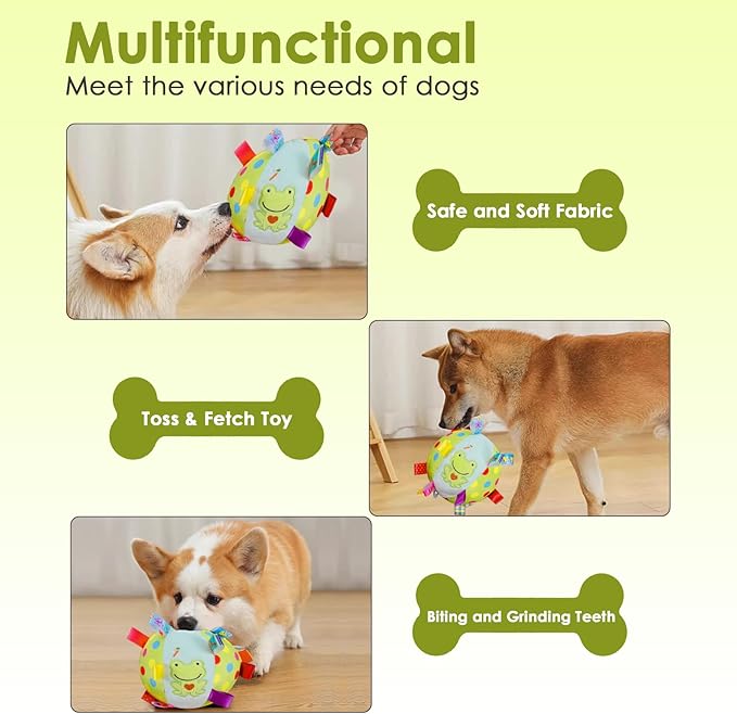 Dog Squeaky Plush Toy with Straps, 6-Inch Soft Stuffed Ball with Cotton Material and Bell Built-in, Pet Interactive Fetch Toy for Small to Large Dog-PawvioPets