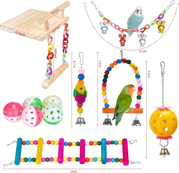 11Pcs Bird Parakeet Toys Wooden Bird Platform Stands Swing Hanging Chewing Toy Parrot Climbing Ladder Colorful Bird Cage Toys for Parakeet, Conure, Cockatiel, Love Birds, Finches-PawvioPets
