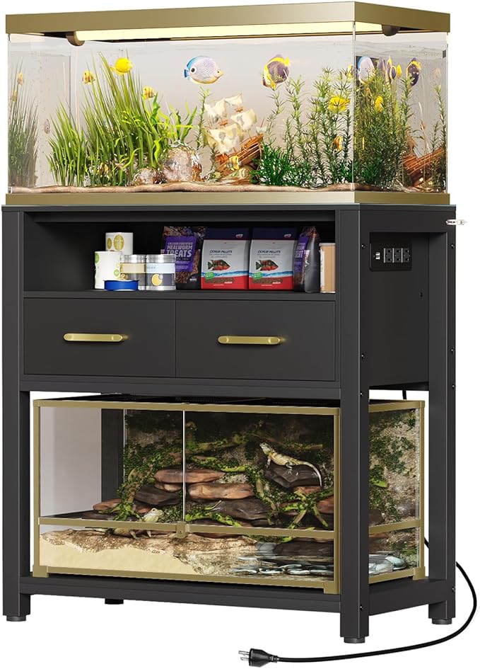 20-29 Gallon Aquarium Stand with Power Outlet & 2 Storage Drawers, Heavy Duty Metal Frame Fish Tank Stand with Waterproof Mat, 30.7" L*15.7" W Tabletop, 550LBS Capacity, Black-PawvioPets
