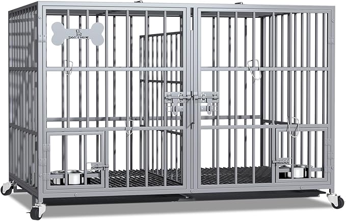 aboxoo 42/48 inch Heavy Duty Metal Dog Crate for 2 Dogs/Large Dog,All Metal Open Top,Dog Kennel Indoor with Wheels,Floor Grid, Tray, Divider and Feeding Bowl (Sliver)-PawvioPets