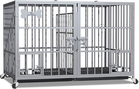 aboxoo 42/48 inch Heavy Duty Metal Dog Crate for 2 Dogs/Large Dog,All Metal Open Top,Dog Kennel Indoor with Wheels,Floor Grid, Tray, Divider and Feeding Bowl (Sliver)-PawvioPets