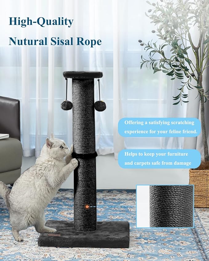 Kilodor 34Inch Tall Cat Scratching Post,4.3Inch Diameter Large Sisal Cat Scratch Post with Ball, Sturdy and Durable Cat Scratcher for Indoor Cats Adults Black-PawvioPets