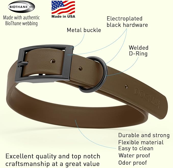 Dogline Biothane Waterproof Dog Collar Strong Coated Nylon Webbing with Black Hardware Odor- Proof for Easy Care Easy to Clean High Performance Fits Small Medium or Large Dogs, Dark Chocolate Brown-PawvioPets