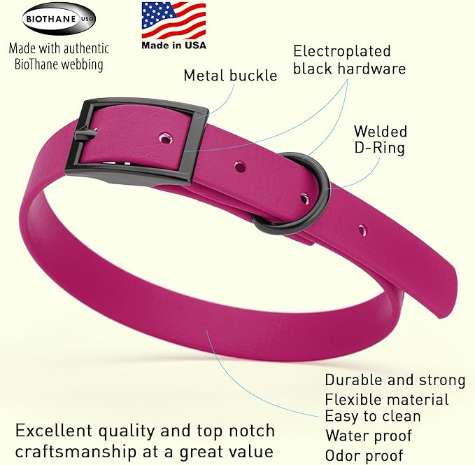 Dogline Biothane Waterproof Dog Collar Strong Coated Nylon Webbing with Black Hardware Odor- Proof for Easy Care Easy to Clean High Performance Fits Small Medium or Large Dogs, Magenta Pink-PawvioPets