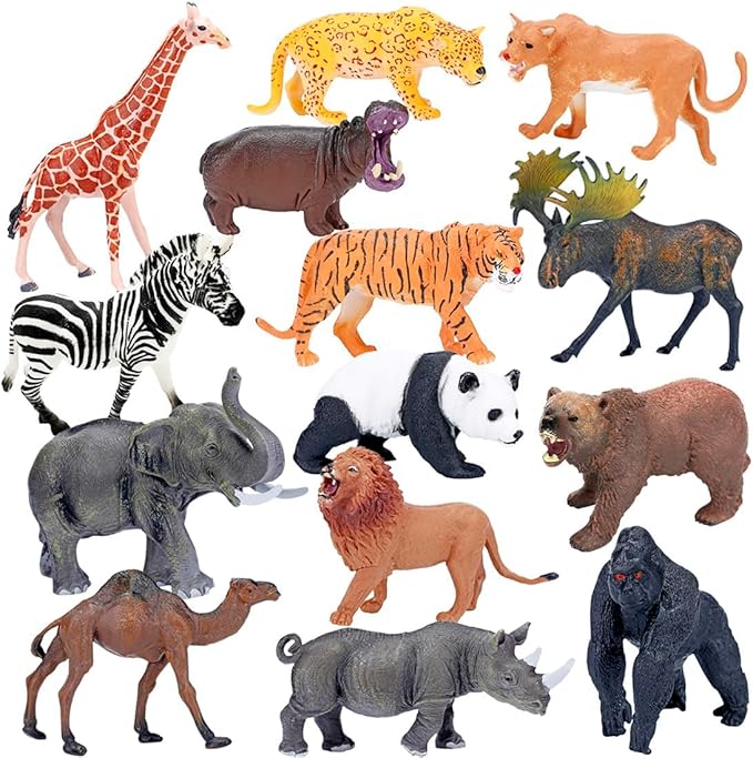 BOLZRA Safari Animals Figures Toys, Realistic Jumbo Wild Zoo Animal Figurines Plastic African Jungle Animals Playset for Kids Toddlers, 14 Piece Gift Set-PawvioPets