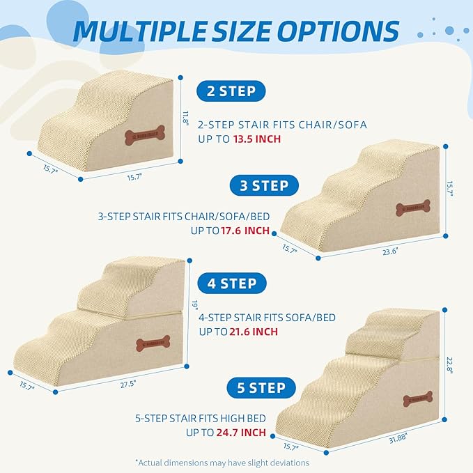 Dog Stairs 3-Step for Small Dogs and Cats to Get on Bed and Furniture/Windows, Pets Can Climb, Sit, or Perch to Look Out Windows, Extra Wide Dog Steps, Non-Slip Waterproof Fabric Cover, Beige（15.7" H）-PawvioPets