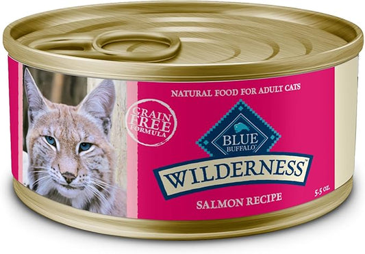 Blue Buffalo Wilderness Natural High-Protein Grain-Free Wet Food for Adult Cats, Salmon Paté, 5.5-oz. Cans, 24 Count-PawvioPets