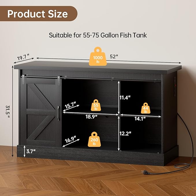55-75 Gallon Fish Tank Stand with Sliding Barn Doors & Power Outlet, Heavy Duty Aquarium Stand with Cabinet Storage for Fish Tank, Turtle Tank, Reptile Terrarium, 1000LBS Capacity, Black-PawvioPets