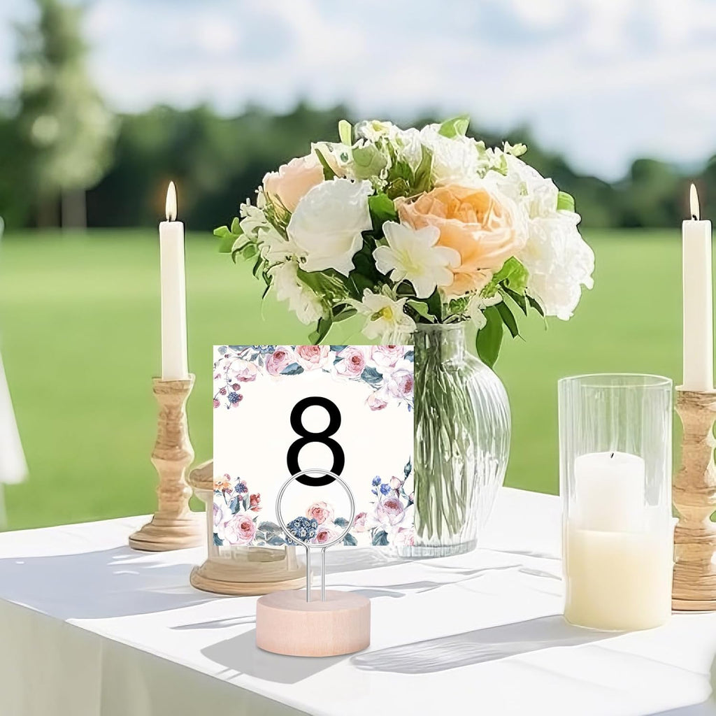 Table Number Holders Pack of 10 Metal Wire with Wooden Base for Better Stability Place Card Holders - Centerpieces, Picture Photo Sign Stands for Weddings, Party, Birthdays -Silver