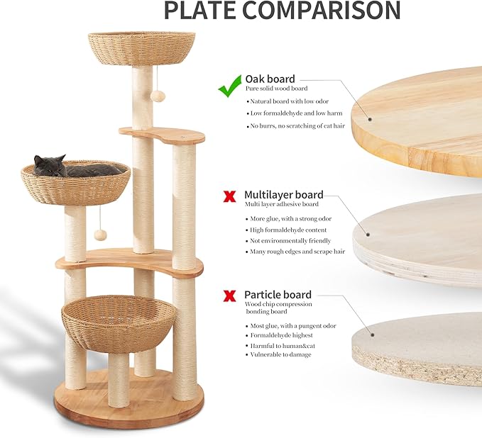 54" Modern Cat Tree Tower for Indoor Cats, Oak Cat Scratching Tree for Multiple Large Cats, Manual Hand Woven Luxury Cat Condo, Unique High-end Design Cat Furniture Activity Centre, Easy Clean-PawvioPets