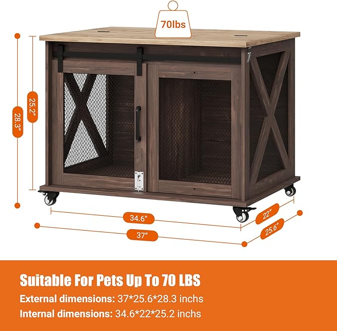 Dog Crate Furniture,37 Inch Indoor Dog Cage with Sliding Barn Door, Flip Top Dog Kennel End Table with Removable Divider, Farmhouse Wooden Pet House for Small to Middle Size Dogs-PawvioPets