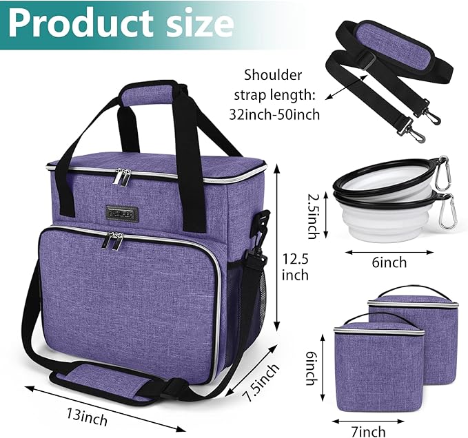 BAGLHER Dog Travel Bag, Pet Travel Bag (ALL Pet Travel Supplies), With 2 Pet Food Containers and 2 Collapsible Silicone Bowls; Essential Kits for Pet Travel Purple-PawvioPets