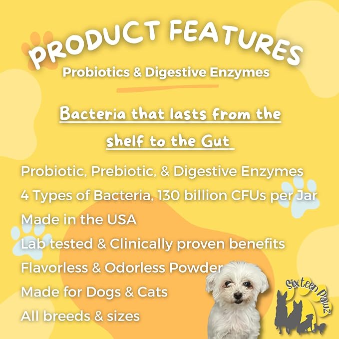 Dog & Cat Probiotics, Prebiotics, & Digestive Enzymes – Flavorless Powder for Gut Health, Allergies, Itchy Skin, Gas & Diarrhea – Organic, Vet-Approved – 65g Bottle (Up to 65 Servings)-PawvioPets