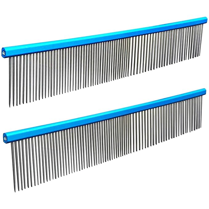 2 Pack Dog Combs with Stainless Steel Teeth Applicable to Cat Dog Comb Removing Tangles Easily Remove Dirt Grooming Anti-Slip Comfort Grip Handle （blue）-PawvioPets