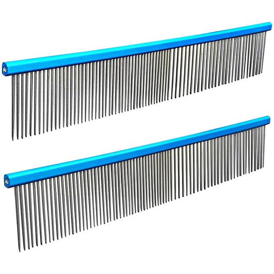 2 Pack Dog Combs with Stainless Steel Teeth Applicable to Cat Dog Comb Removing Tangles Easily Remove Dirt Grooming Anti-Slip Comfort Grip Handle （blue）-PawvioPets