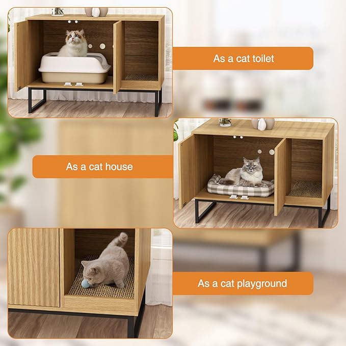 Cat Litter Box Enclosure, Fluted Hidden Litter Box Furniture with Scratch Pad and Metal Legs, Modern Enclosed Cat Cabinet, 31.5 x 17.7 x 21.7 Inches Indoor Pet House for Living Room, Washroom, Natural-PawvioPets