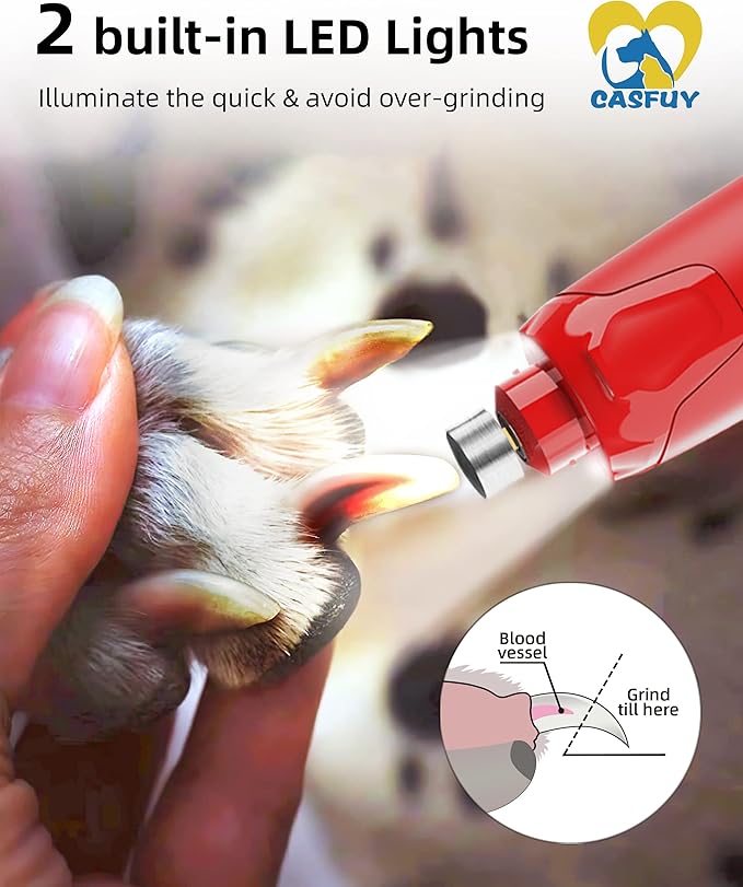 Casfuy Dog Nail Grinder Quiet - (45db) 6-Speed Pet Nail Grinder with 2 LED Lights for Large Medium Small Dogs/Cats, Professional 3 Ports Rechargeable Electric Dog Nail Trimmer with Dust Cap(Red)-PawvioPets