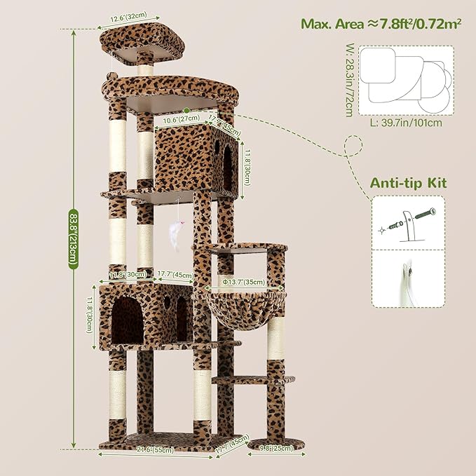 Globlazer Giant Cat Tree, 83 inch Cat Tree for Indoor Cats Large Adult, XXL Cat Tower with 9 Scratching Posts for 20lb+ Heavy Duty Large Adult Cats, F83, Leopard Print-PawvioPets