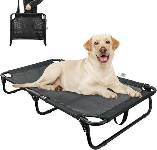 Elevated Dog Bed Large Sized Dog Cots Beds for Large Dogs Foldable Raised Dogs Beds Outdoor Cooling Chew-Proof, No Assembly Need, Black-PawvioPets