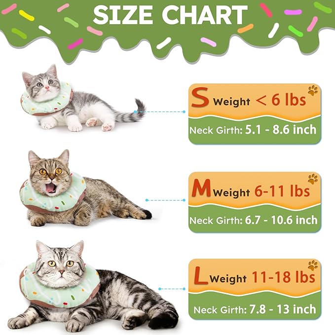 Cat Cone Collar Soft, Waterproof Cat Recovery Collars Spay Cones to Stop Licking Cute Donut E Collar After Surgery Anti-Lick Wound Healing Safety Elizabethan Collar for Kittens (Donut Green, Small)-PawvioPets
