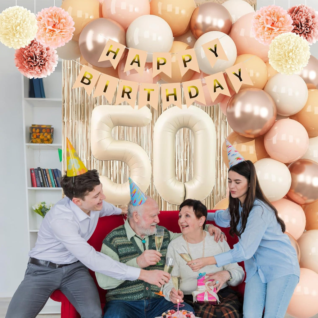 Beige 50th Birthday Decorations for Women Cream Number 50 Balloon Nude Gold Happy Birthday Banner Fringe Curtain Paper Pom Poms Blush White Sand Champagne Star Foil Balloons Neutral Boho Party Decor
