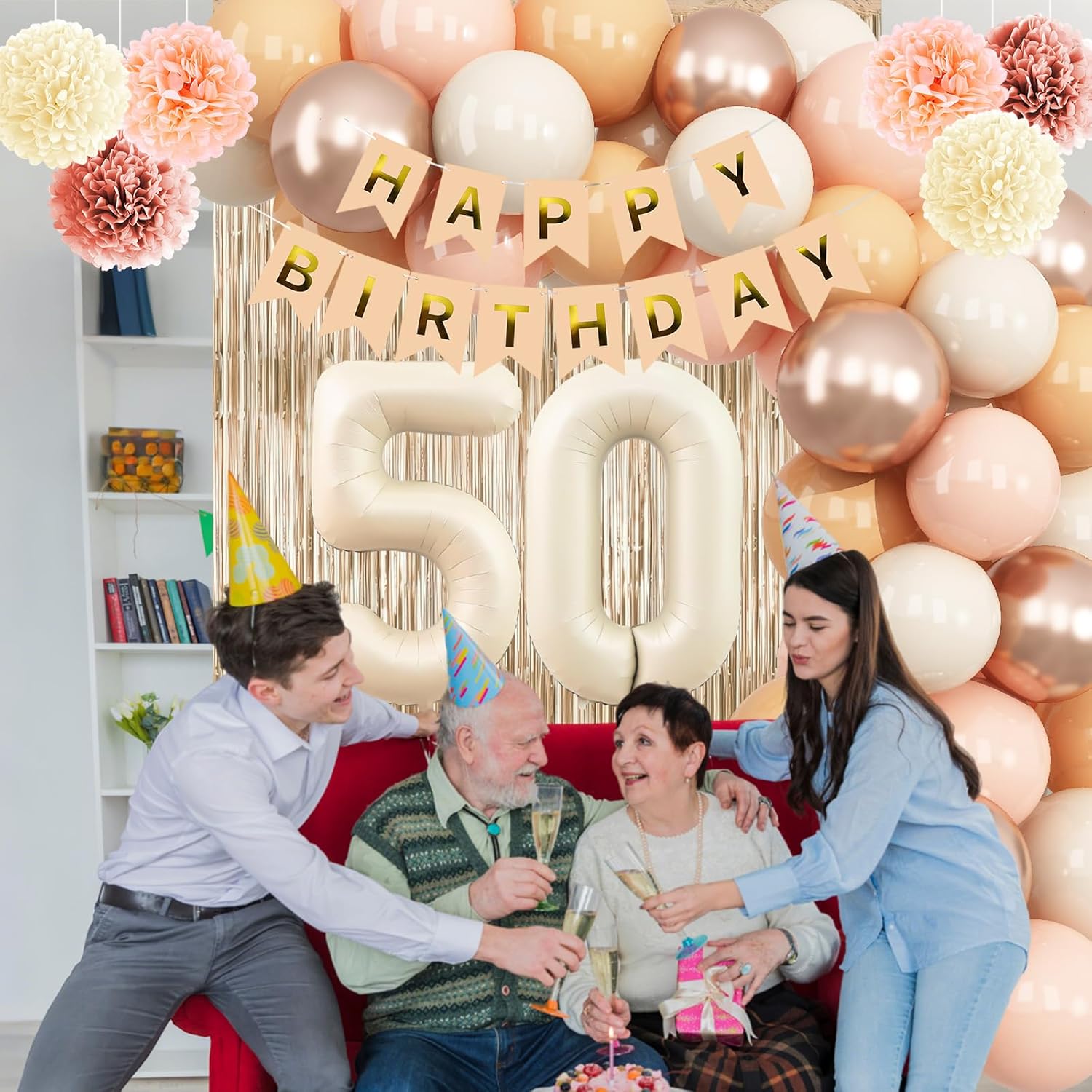 Beige 50th Birthday Decorations for Women Cream Number 50 Balloon Nude Gold Happy Birthday Banner Fringe Curtain Paper Pom Poms Blush White Sand Champagne Star Foil Balloons Neutral Boho Party Decor