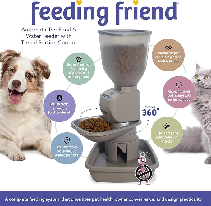 Automatic Dog & Cat Food Feeder with Water Dispenser – Smart Pet Feeder with Portion Control, OLED Display, Anti Jam Design, Battery Operated Dispenser for Medium/Large Pets - Taupe-PawvioPets