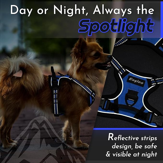 Eagloo Small Dog Harness No Pull, Service Vest with Reflective Strips and Control Handle, Adjustable and Comfortable for Easy Walking, No Choke Pet Harness with 2 Metal Rings, Blue, XS-PawvioPets