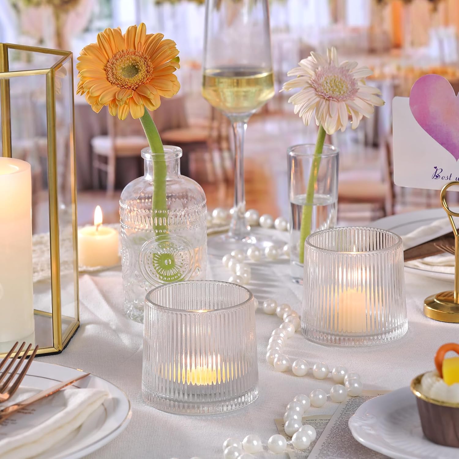 DARJEN Clear Ribbed Tealight Votive Candle Holders Set of 10- Tea Light Candle Holder Glass for Table Centerpiece, Engagement Parties, Birthday Parties & Wedding Shower