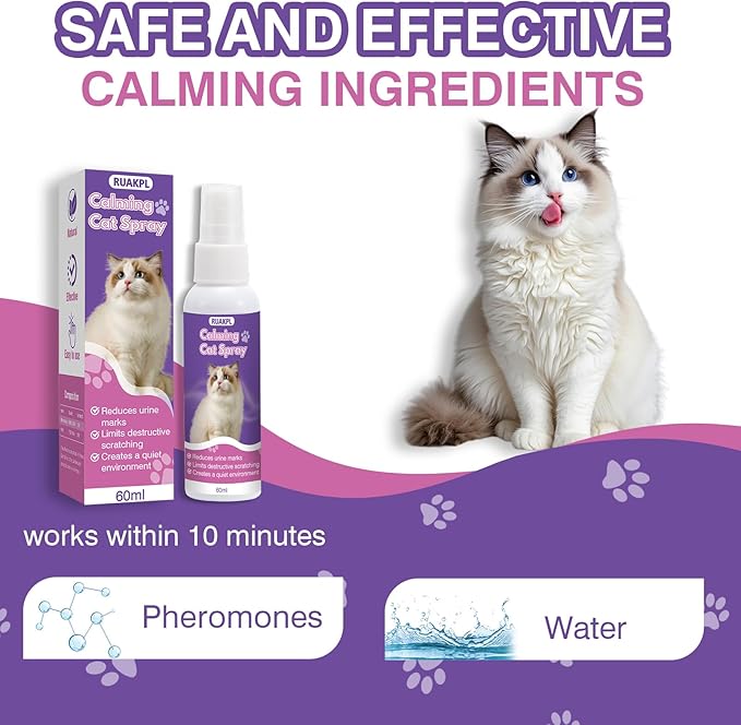Cat Calming Spray 60 ML 2 Pack Calming Solution for Cats Cat Pheromone Spray Reduces Stress Anxiety Scratching Calming Spray for Cats Good for Home Travel Cat Pheromones Calming Spray-PawvioPets