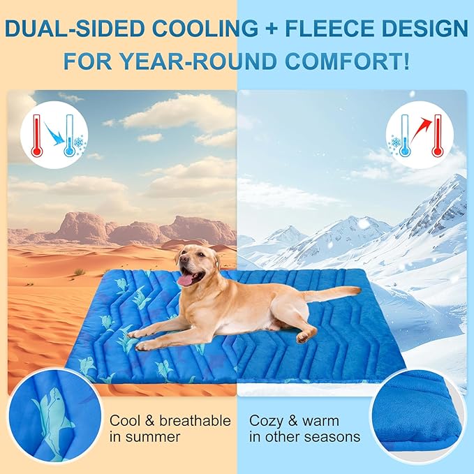 BEAUTYZOO Dog Cooling Mat- Upgraded Thicken Cooling Mat for Large Dogs Reversible(Cool & Warm) Pet Ice Cool Bed Washable & Portable, Summer Crate Pad for Big Dog Puppy Up to 44 lbs, Shark Blue 36X23IN-PawvioPets