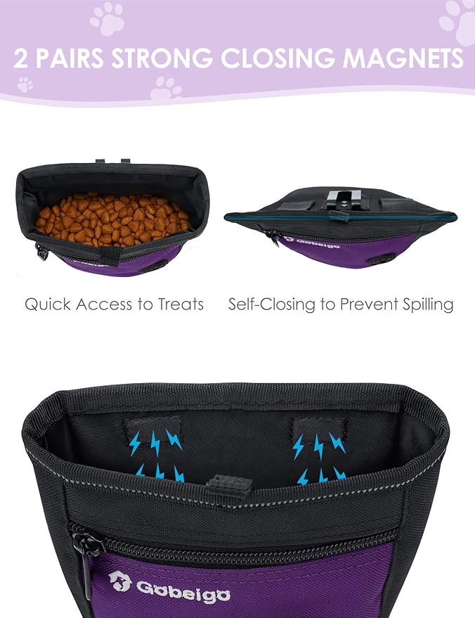 Gobeigo Dog Treat Pouch and Training Clicker, Upgrade Two Magnetic Closure to Prevent Spills, 2 Cup Treat Bag with Poop Bag Dispenser, Metal Clip Waist Belt Fanny Pack for Pet Walk (Black/Purple)-PawvioPets