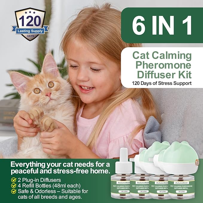 Cat Calming Diffuser Kit with 2 Plug-in & 4 Refills, Pheromone Diffuser for Cats Reducing Fighting, Scratching, Urine, Aggression, Anxiety, Fireworks, Vet Visits, Travel, 120 Day Supply, Safe Formula-PawvioPets