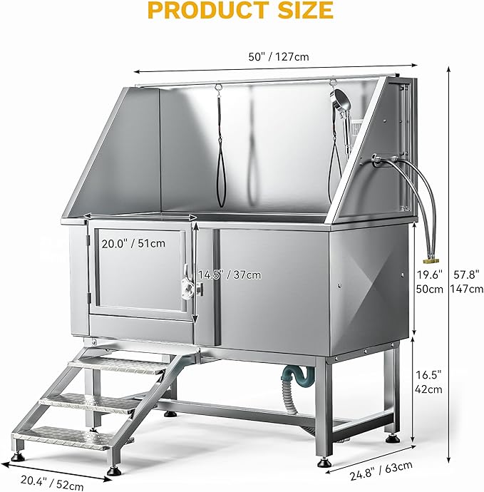 DWVO Professional Pet Dog Bathing Station for Grooming, 50'' Dog Grooming Bathtub with Left Stairs, Floor Grate, Faucet, Showerhead & Soap Holder for Large, Medium & Small Pets-PawvioPets