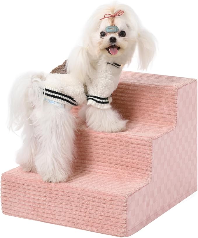 Dog Stairs for Small Dogs,13" H,3-Step Dog Steps Ramp for Bed and Couch with High Density Foam,Non-Slip Pet Steps for Doggy and Cat,Pet Stairs with a Washable Cover,Pink-PawvioPets