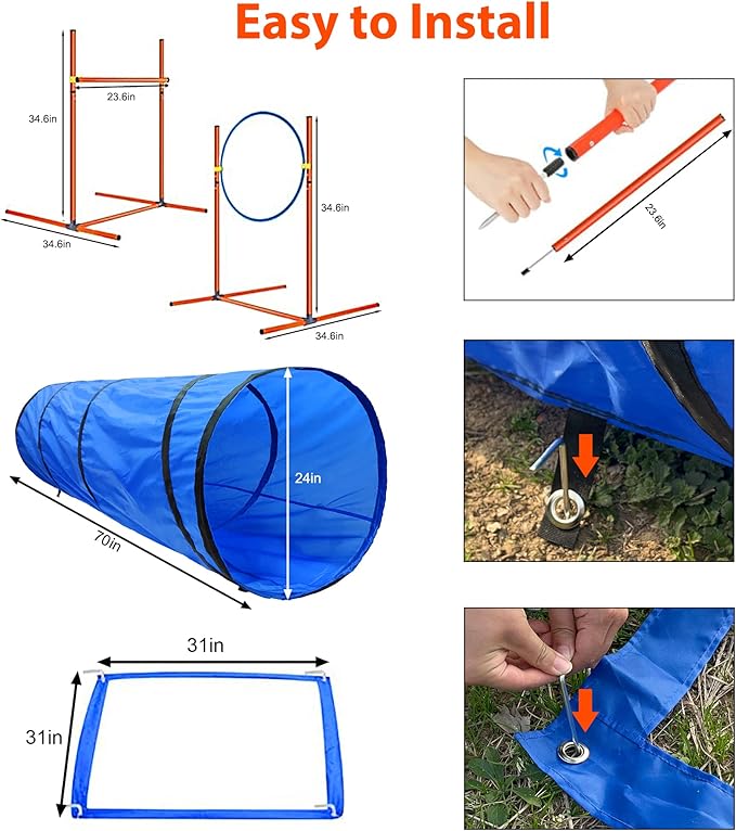 Dog Agility Training Equipment, Obstacle Agility Training Starter Kit for Doggie, Including Tunnel, 27 Weave Poles, Adjustable Hurdle, Jump Ring, Pause Box and Carrying Bag(Blue,L)-PawvioPets