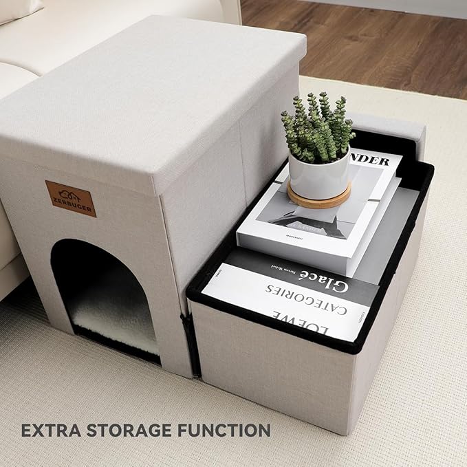 Dog Stairs with Condo 15" H, 2-Step Wider Dog Steps for Small/Medium/Large Old Dogs Cats, Folding Sturdy Storage Pet Stairs Climbing Bed Couch, Ramp for Car Hold Up to 150 lbs, Beige-PawvioPets