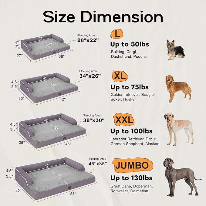 Orthopedic Large Dog Bed Washable, Dog Beds with Washable Removable Cover, XLarge Orthopedic Dog Beds for XLarge Dogs, Waterproof Pet Beds and Non-Slip Bottom, Extra Purple Large Dog Bed-PawvioPets