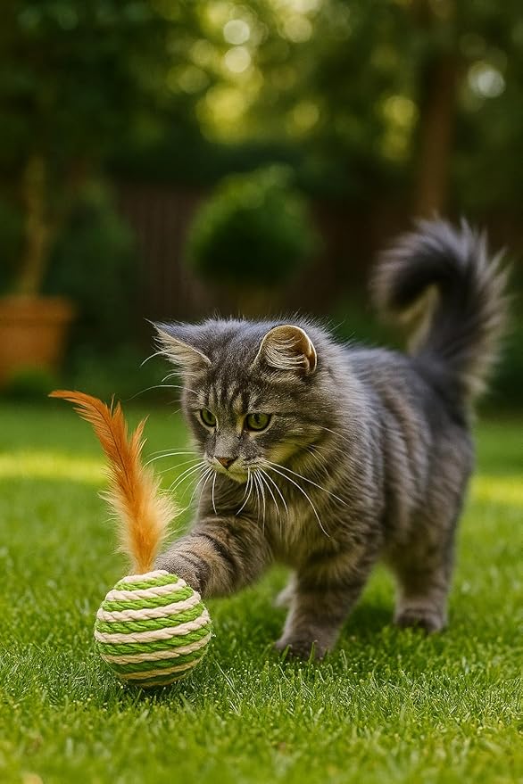 Ball for cat with Feathers - Balls for Cats– Natural Toy for Indoor Cats – Eco-Friendly, Durable, Interactive Play Balls for Kittens – Pet-Safe Chew & Scratch Toys (Green)-PawvioPets