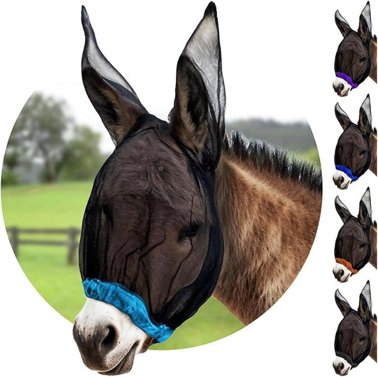 Donkey Fly Mask with Long Ears (Aqua) Made in USA - Mule Fly Mask with Ears Protection from Insects and Bugs, Mini Donkey Soft Mesh Fabric with Adjustable Fastener, Face Cover Supplies for Donkeys-PawvioPets