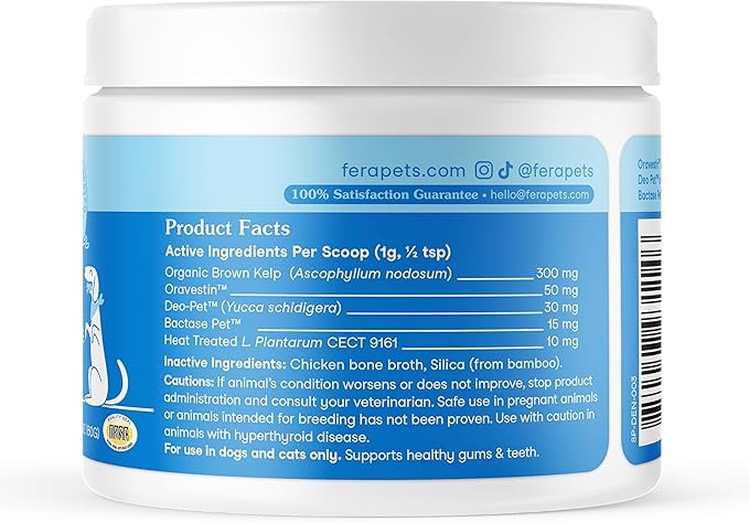 Fera Pets Cat & Dog Dental Support Powder - Supports Fresh Breath - Promotes Healthy Teeth and Gums - Targets Tartar Build-Up - Includes Kelp, Enzymes & Postbiotics - 60 Scoops-PawvioPets