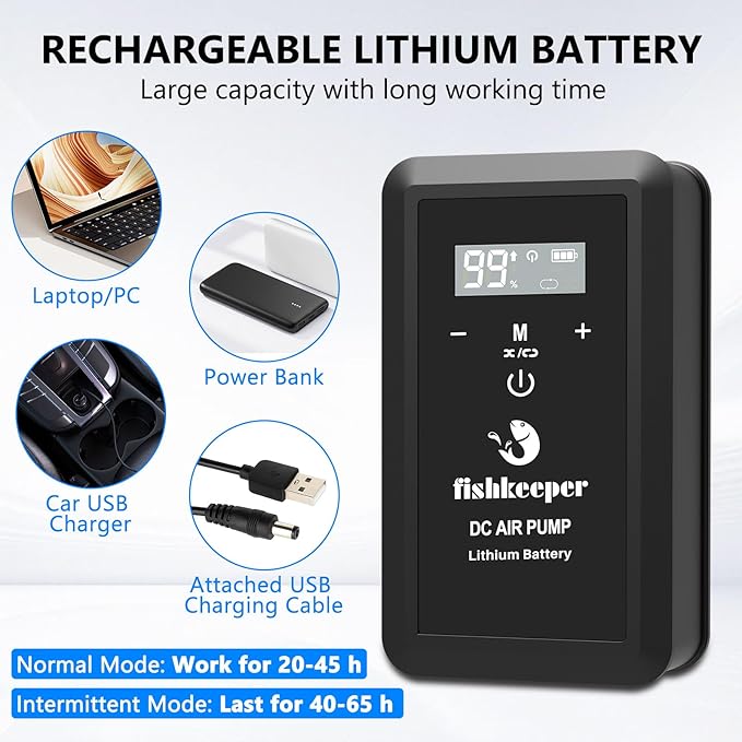 fishkeeper Rechargeable Aquarium Air Pump, 8W 130GPH Ultra Quiet Fish Tank Air Pump for 10-120 Gallon Tanks Adjustable Oxygen Aerator Pump for Outdoor-Fishing, Power Outages and Emergency-PawvioPets