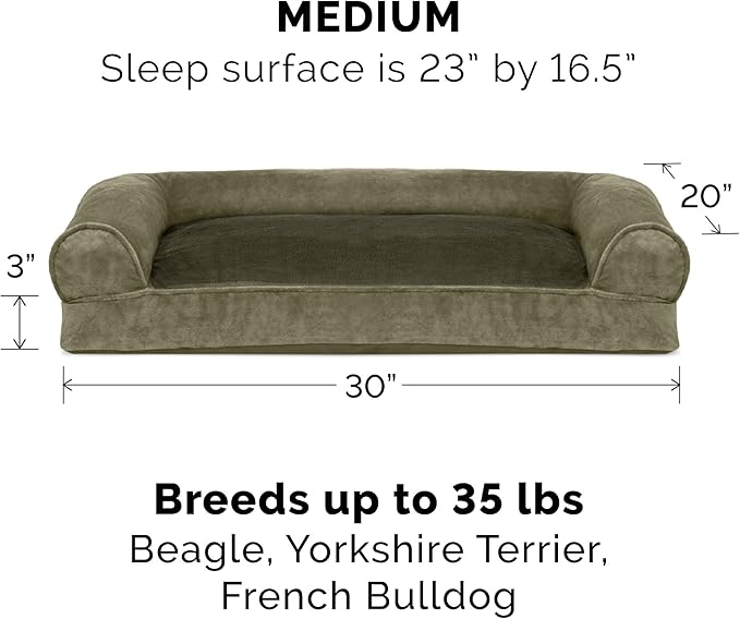 Furhaven Pillow Dog Bed for Medium/Small Dogs w/ Removable Bolsters & Washable Cover - Faux Fur & Velvet Sofa - Dark Sage, Medium-PawvioPets