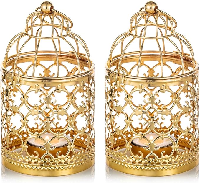 2 Pcs Small Metal Tealight Hanging Birdcage Lantern, Vintage Decorative Centerpieces of Wedding, Party, Gold-PawvioPets