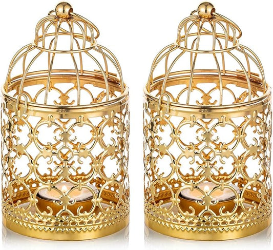 2 Pcs Small Metal Tealight Hanging Birdcage Lantern, Vintage Decorative Centerpieces of Wedding, Party, Gold-PawvioPets