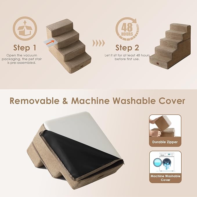 EHEYCIGA Dog Stairs for High Bed 22.5" H, 5-Step Dog Steps for Bed, Pet Steps for Small Dogs and Cats, Non-Slip Balanced Pet Ramp Indoor, Camel-PawvioPets